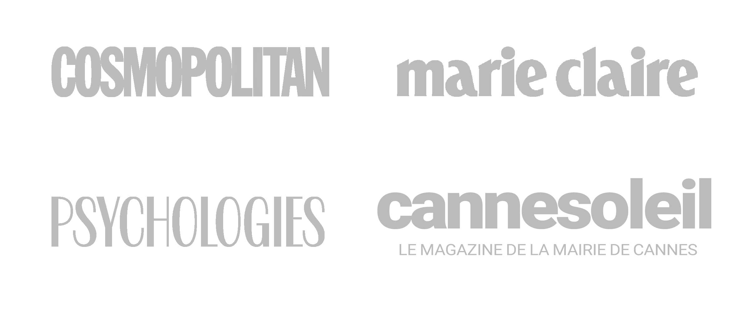 Logos des magazines Cosmopolitan, Marie Claire, Psychologies et Cannes Soleil.